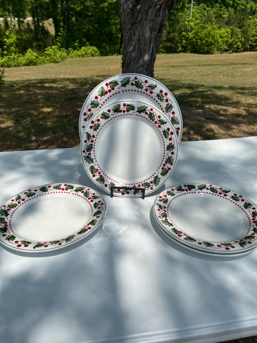 Holiday Holly Stoneware Dinner Plates - White with Red & Green Trim